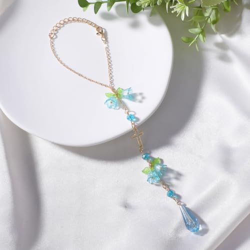 Cross Car Rearview Mirror Charm Blue Lily of Valley Crystal - color: Blue - Flower