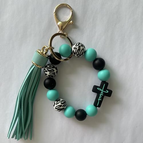 Silicone Beaded Jesus Cross Wristlet Keychain Leather Tassel,Key Ring Wrist Bangle,Key Chains Bracelet Women - color: Green Cross