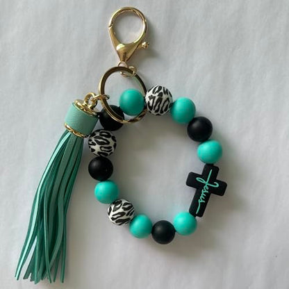 Silicone Beaded Jesus Cross Wristlet Keychain Leather Tassel,Key Ring Wrist Bangle,Key Chains Bracelet Women - color: Green Cross