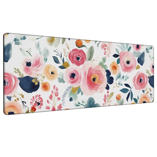 Large Gaming Mouse Pad Watercolor Floral Desk Mat,Non-Slip Rubber Base Stitched Edges,Extended Mousepad for PC,Laptop,Office,Home Decor(31.5 x 11.8 Inch) - color: Watercolor Floral, size: 31.5L x 11.8W inches