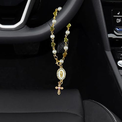 Heart & Rosary Car Steering Wheel Rosary Charm, Alloy Cross Religious Rear View Mirror Charm, Personalized Car Mirror Hanging Accessories for Most Cars (Heart) - size: Heart