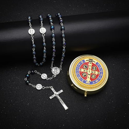 KOMI 6mm Glass Pearl Rosary Beads Catholic for Women with Metal Rosary Box Religious Gifts - style: St Benedict-black