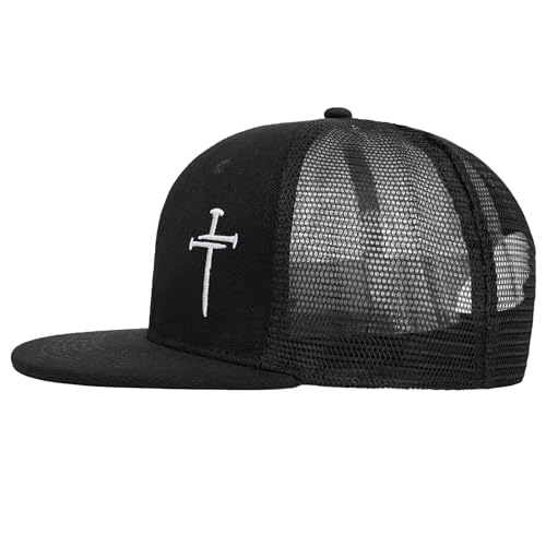 Christian Hats for Men Women - Cross Faith Flat Snapcback Hats - Religious Gifts for Thanksgiving Christmas - color: Black Mesh/White Cross