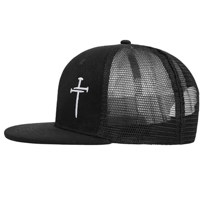 Christian Hats for Men Women - Cross Faith Flat Snapcback Hats - Religious Gifts for Thanksgiving Christmas - color: Black Mesh/White Cross