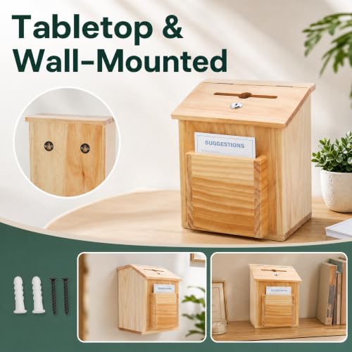 ZENFUN Wooden Suggestion Box with 50 Free Suggestion Cards, Natural Pinewood Ballot Comment Box Donation Box with Locking Hinged Lid for Countertop or Wall Mounted, 8.6" x 6.8" x 10"