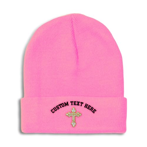 Custom Beanies for Men Gold Outline Orthodox Cross Faith Jesus God Skull Cap Winter Hats Women One Size - color: Soft Pink Personalized Text Here