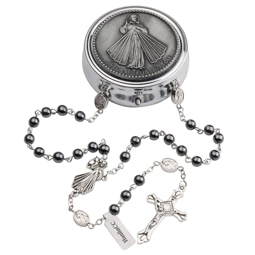 HanlinCC Divine Mercy Catholic Rosary Necklace with Steel Gift Box - color: Hematite Divine Mercy