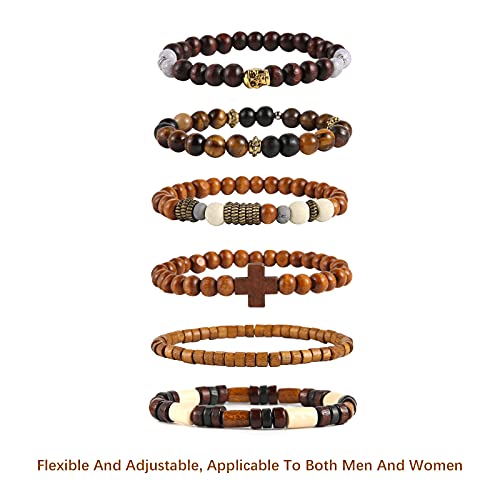 HZMAN Handmade Hemp Cords Wood Beads Leather Bracelets for Men Women - style: Skull & Wooden Cross