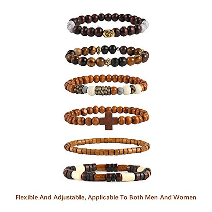 HZMAN Handmade Hemp Cords Wood Beads Leather Bracelets for Men Women - style: Skull & Wooden Cross