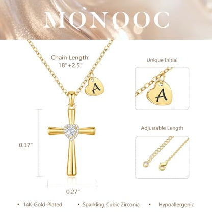 MONOOC Cross Initial Necklace for Women Girls - Christian Birthday Gifts - color: C