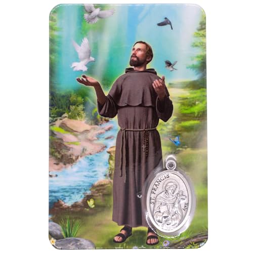 VILLAGE GIFT IMPORTERS Holy Prayer Card with Built-In Medal Pendant | Laminated Full-Color Prayer Card (Saint Francis of Assisi Prayer Card with Medal) - color: Saint Francis of Assisi Prayer Card with Medal