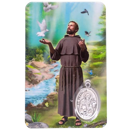 VILLAGE GIFT IMPORTERS Holy Prayer Card with Built-In Medal Pendant | Laminated Full-Color Prayer Card (Saint Francis of Assisi Prayer Card with Medal) - color: Saint Francis of Assisi Prayer Card with Medal