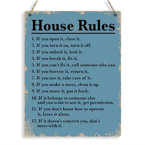 House Rules Wooden Hanging Sign, Farmhouse Living Room Home Decor Wall Art, Inspirational Family Quote, 8 x 10 Inches - color: House Rules