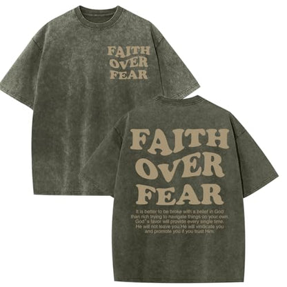 Christian Shirts for Men Faith Over Fear Oversized Tees - color: Army Green, size: X-Large