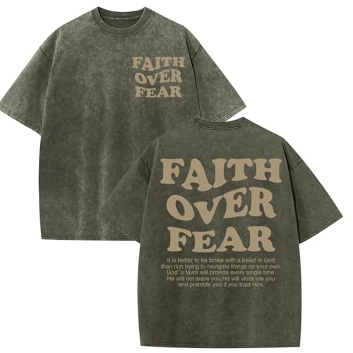 Christian Shirts for Men Faith Over Fear Oversized Tees - color: Army Green, size: XX-Large
