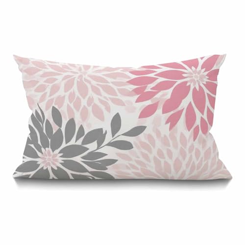 Smooffly Dahlia Flower Throw Pillow Case Cover Abstract Elegant Floral Petal Pink Grey and White Decorative Cotton Linen Oblong Rectangle Cushion Covers Pillowcase Couch Sofa Bed Men,Women 12x20 Inch - color: Md024