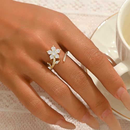 18K Gold Plated Cubic Zirconia Adjustable Open Rings for Women - color: Flower CZ