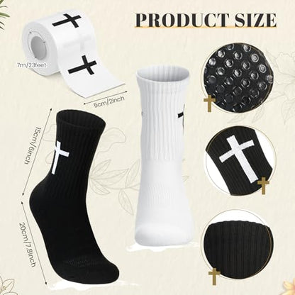 TrelaCo 2 Sets Cross Grip Socks with 2 Pcs Christian Athletic Tape Jesus Soccer Grip Socks Cotton Sports Athletic Tape Serrated Edges for Easter Gifts Football Baseball(Black White,Cross) - color: Cross