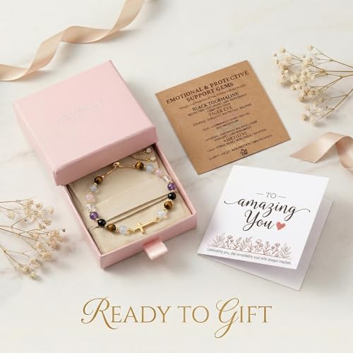 Christian Gifts for Women Cross Bracelet Natural Gemstone Crystal Bracelet Gold Cross Charm Adjustable Birthday Gifts for Women with Message Card - color: FAITH-LOVE-HER