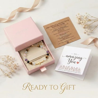 Christian Gifts for Women Cross Bracelet Natural Gemstone Crystal Bracelet Gold Cross Charm Adjustable Birthday Gifts for Women with Message Card - color: FAITH-LOVE-HER