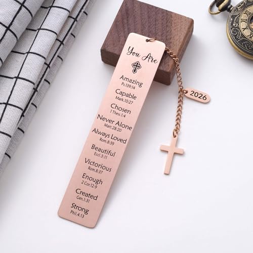 Christian Metal Bookmark with Bible Verses, Faith-Based Gift with 2026 Charm, Faith Affirmation Gift, Motivational Religious Scripture Reading Accessory for Women Men, Rose Gold - style: Rose Gold