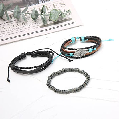 HZMAN Handmade Hemp Cords Wood Beads Leather Bracelets for Men Women - style: Leaves