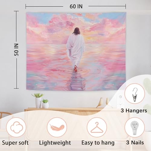 AQYIP Jesus Walking on Water Tapestry, Pastel Christian Jesus Tapestry Decorative, Christian Room Decor, Pink Religious Wall Tapestries Blanket Decor for Home Office Church, 50x60 Inch - color: walking jesus