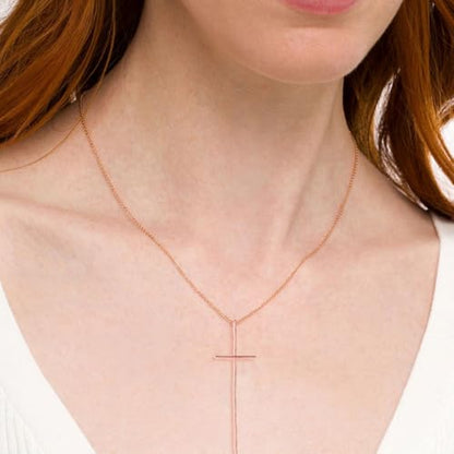 14K Gold Plated Long Hammered Cross Necklace for Women Religious Faith Jewelry Christian Gift - color: Rose Gold Plated, size: 45cm