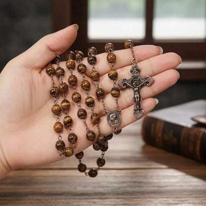 Nazareth Store Natural Stone Beads 8mm Rosary Necklace Antique Copper Design Holy Soil Medal & Cross in Velvet Bag - Catholic Rosaries Terra Santa Jerusalem Collection - color: Tiger Eye