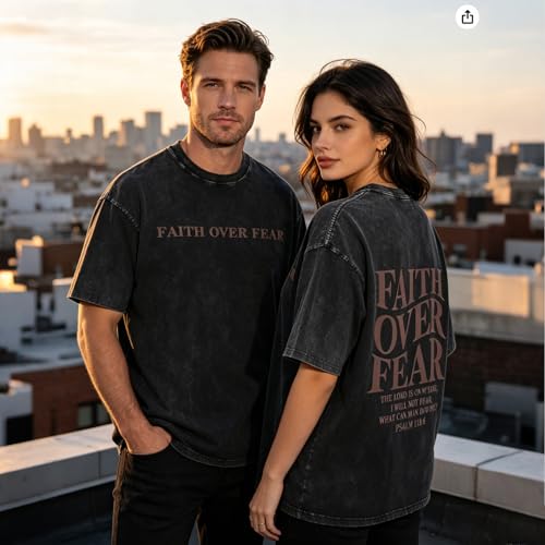 Faith Over Fear Christian Shirt for Men Women Jesus Religious Oversized Graphic Tees Acid Wash Inspirational T‑Shirt - color: Aqua Green, size: X-Large