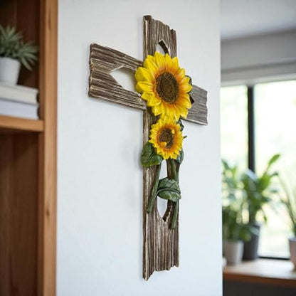 Top Brass Rustic Sunflower Wall Cross – 12” Inspirational Christian Home Décor with Sunflowers & Weathered Wood-Look Finish – Decorative Resin Garden Art