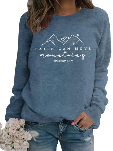 Christian Sweatshirt for Women Faith Can Move Mountains Graphic Shirts - color: Blue, size: X-Large