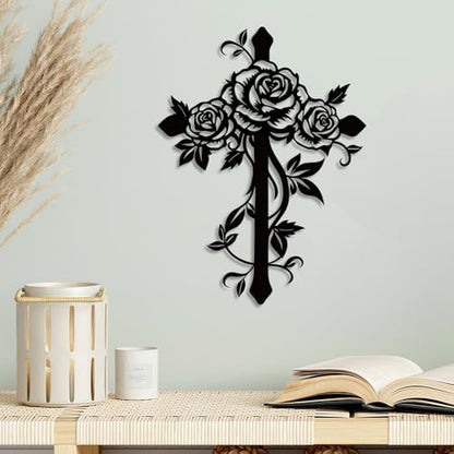 Kercan Metal Cross Wall Decor with Roses, Black Floral Wall Art, Christian Religious Home Decor for Living Room Bedroom, 12.5 x 9.4 Inch - style: Single