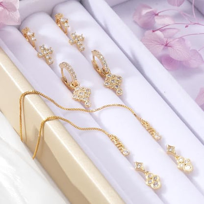 Gold Earrings Set for Women 14K Gold Plated Cubic Zirconia Love Heart Bowknot Clover Fruit Flower Insect Ocean Cross Huggie Hoop Earrings Stud Earrings Set for Multiple Piercing Party Jewelry Gifts - style: Cross