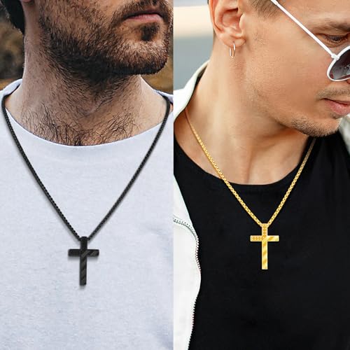 Romass Cross Necklace for Men Boys - 316L Stainless Steel Bible Verse Religious Pendant, Christian Jewelry Gifts for Son Husband, Graduation Gifts, Adjustable 22+2 inch Chain - color: Black+Gold, style: 2Pcs 4:13