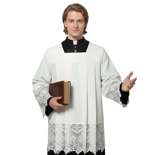 Catholic Premium Clergy Vestment Set Elegant White Surplice with Pleated Lace Details - size: XX-Large Plus