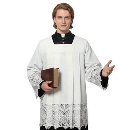 Catholic Premium Clergy Vestment Set Elegant White Surplice with Pleated Lace Details - size: Medium
