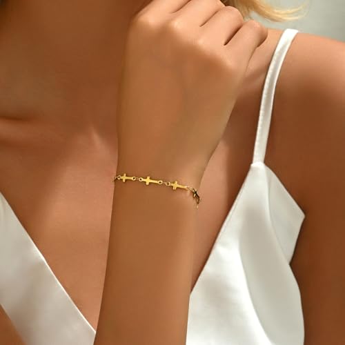 18K Gold Plated Pearl Beaded Cross Bracelets for Women Adjustable - color: Multi Cross-Gold