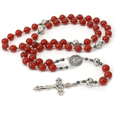 Nazareth Store Genuine Rosary Stone Beads Necklace Metal Beaded Glory Beads Miraculous Medal & Silver Cross Crucifix For Men and Womens - color: Red Garnet