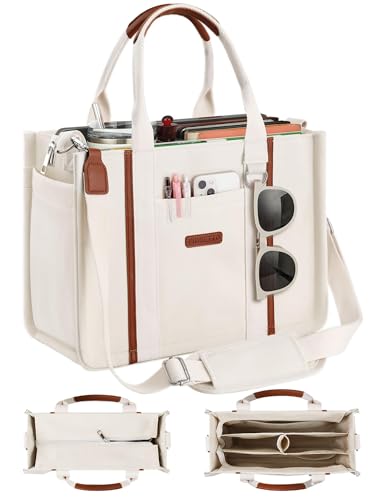 FIORETTO Women’s Canvas Tote Bag Purse with Zipper, Multi Compartment & Reinforced Bottom, Ideal for Work, Bible, Travel - color: Beige, size: Large, style: Built-in Organizer