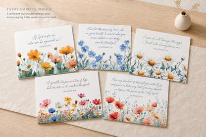 48 Encouraging Scripture Verse Cards with Walnut Wood Stand – 2 Unique Sets: Watercolor Wildflowers + Elegant Floral Design – Christian Desktop Bible Verse Affirmations for Daily Inspiration & Gifting