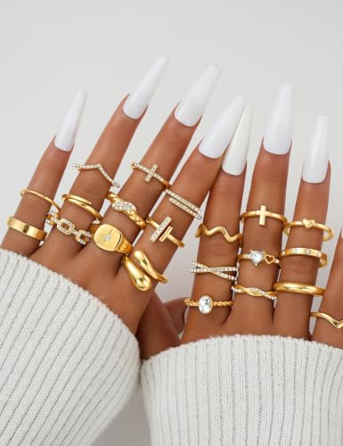 Gold Stackable Rings Set for Women, Gold Plated Chunky Crystal Finger Rings - color: Gold CZ