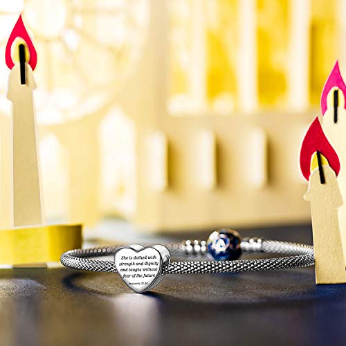 Heart Charm Fit Pandora Charms Bracelet Christian Bible Verse Charm Prayer Faith Religious Charms Gifts for Women - style: She is dothed with strength and dignity and laughs without fear of the future Proverbs 31:25