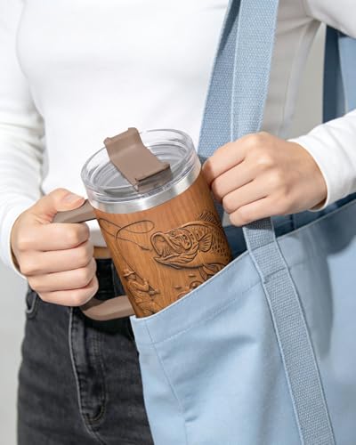 34HD Fishing Love You More 40 oz Tumbler with Handle, Romantic Gift - color: Bass Fish Wood