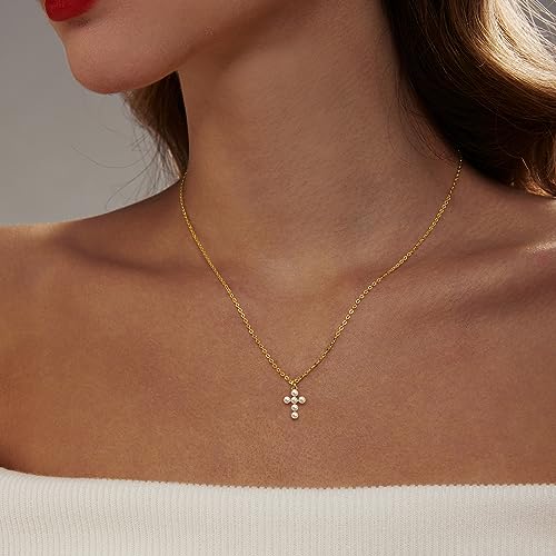 Zeffy Cross Necklace for Women,18K Gold/Silver Plated Tiny Cubic Zirconia Cross Pendant Necklace for Women Simple Layered Cross Necklaces for Women - color: Gold Pearl Cross