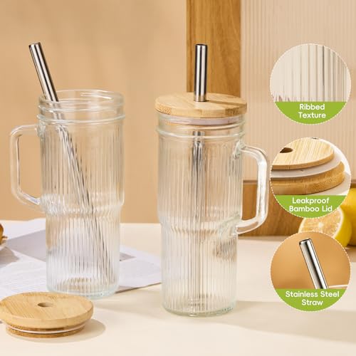 JunVpic Glass Tumbler, 24 oz Ice Coffee Cups with Bamboo Lid and Handle - color: Clear-Ribbed, size: 24oz