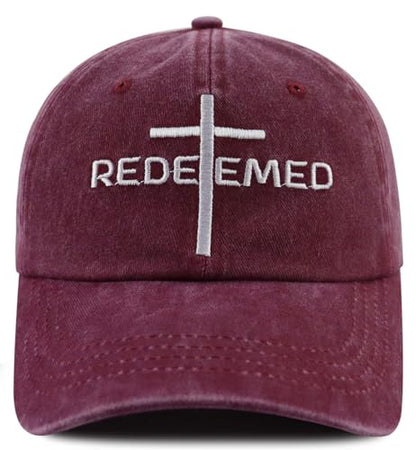 Cross Jesus Hats for Men Women, Adjustable Cotton Embroidered Christian Redeemed Baseball Cap - color: Red