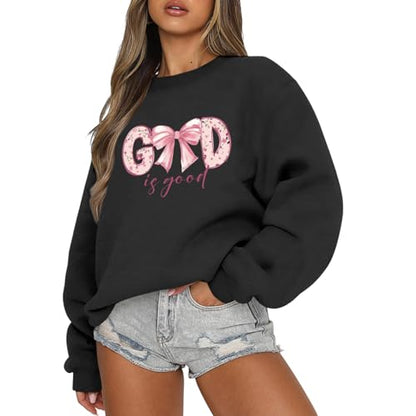 KEEVICI God Is Good Christian Sweatshirts for Women Bow Jesus Cute Bible Verse Sweatshirt Faith Religious Graphic Hoodies - color: Black, size: Large