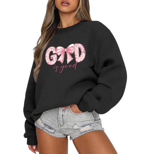 KEEVICI God Is Good Christian Sweatshirts for Women Bow Jesus Cute Bible Verse Sweatshirt Faith Religious Graphic Hoodies - color: Black, size: Medium