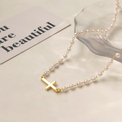 Zeffy Cross Necklace for Women,18K Gold/Silver Plated Tiny Cubic Zirconia Cross Pendant Necklace for Women Simple Layered Cross Necklaces for Women - color: Gold Cross Pearl